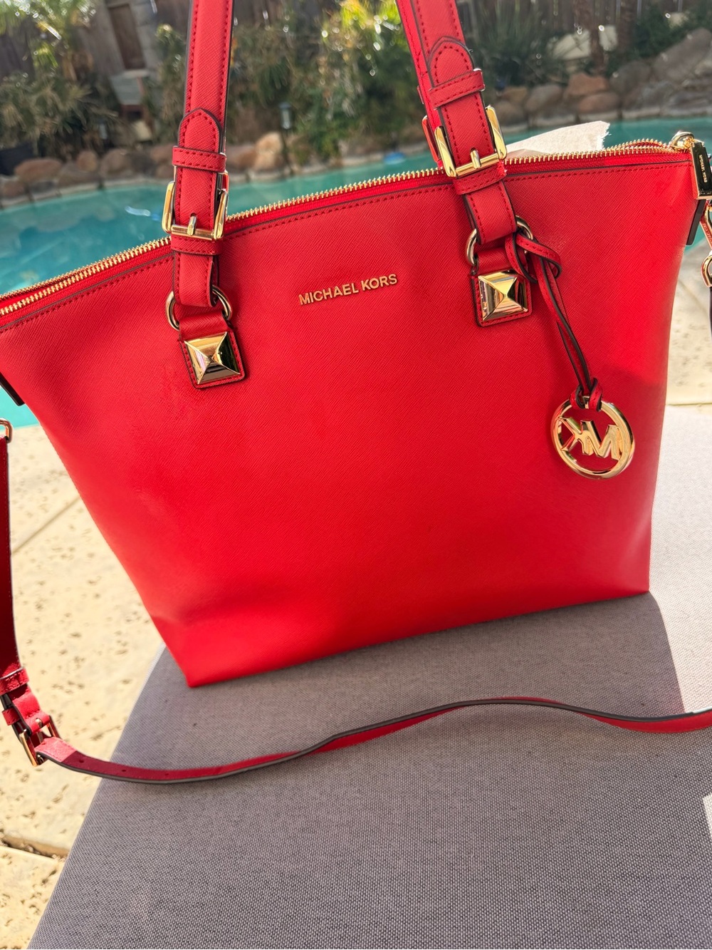 Michael Kors Bright Red Saffiano Leather Tote with Gold Hardware